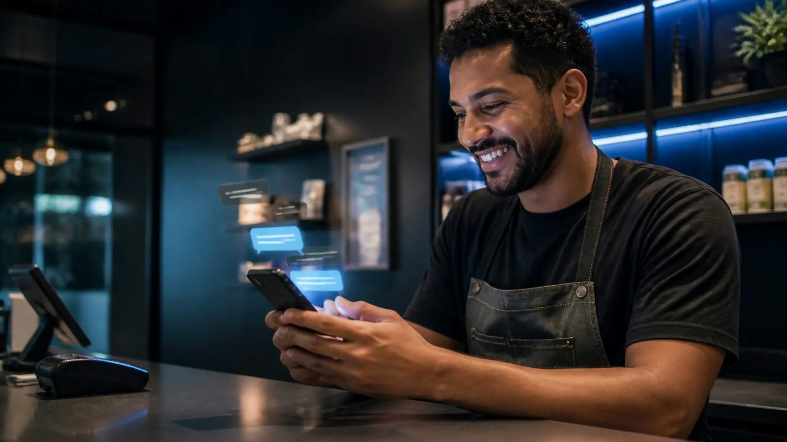 Atendente respondendo clientes pelo celular