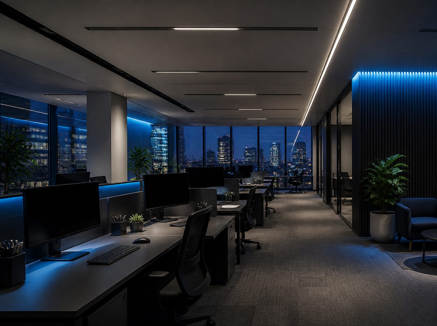 Escritório moderno com iluminação azul