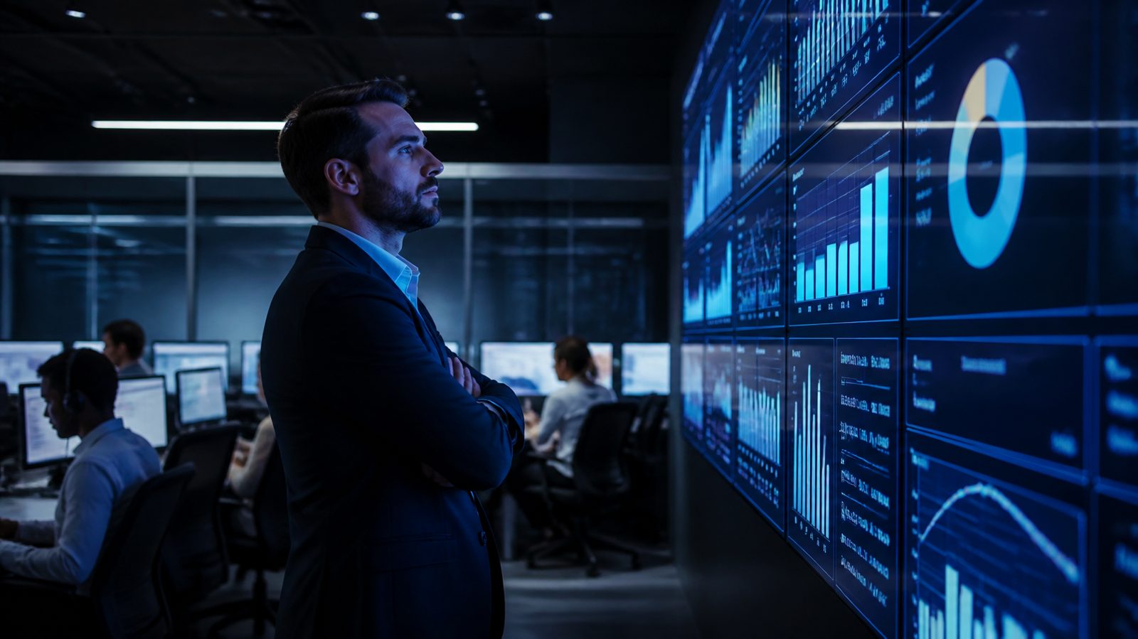 Supervisor acompanhando painéis de atendimento em tempo real
