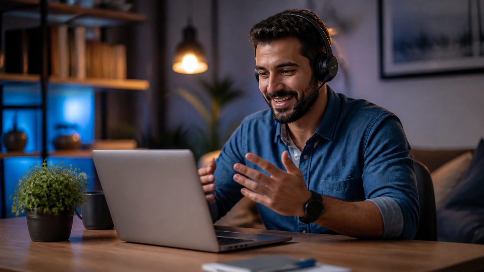 Atendente em home office falando ao headset em frente ao notebook