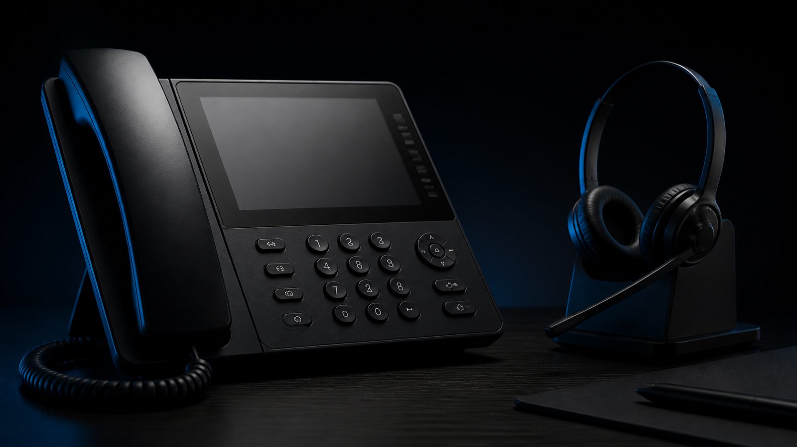 Telefone IP e headset sobre mesa escura
